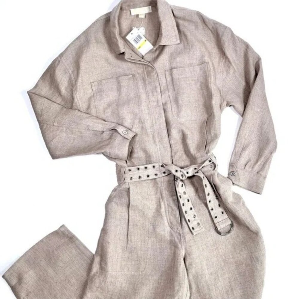 NWT $275 MICHAEL Michael Kors NEW Linen Coveralls Jumpsuit Light Tan/Hemp Sz L